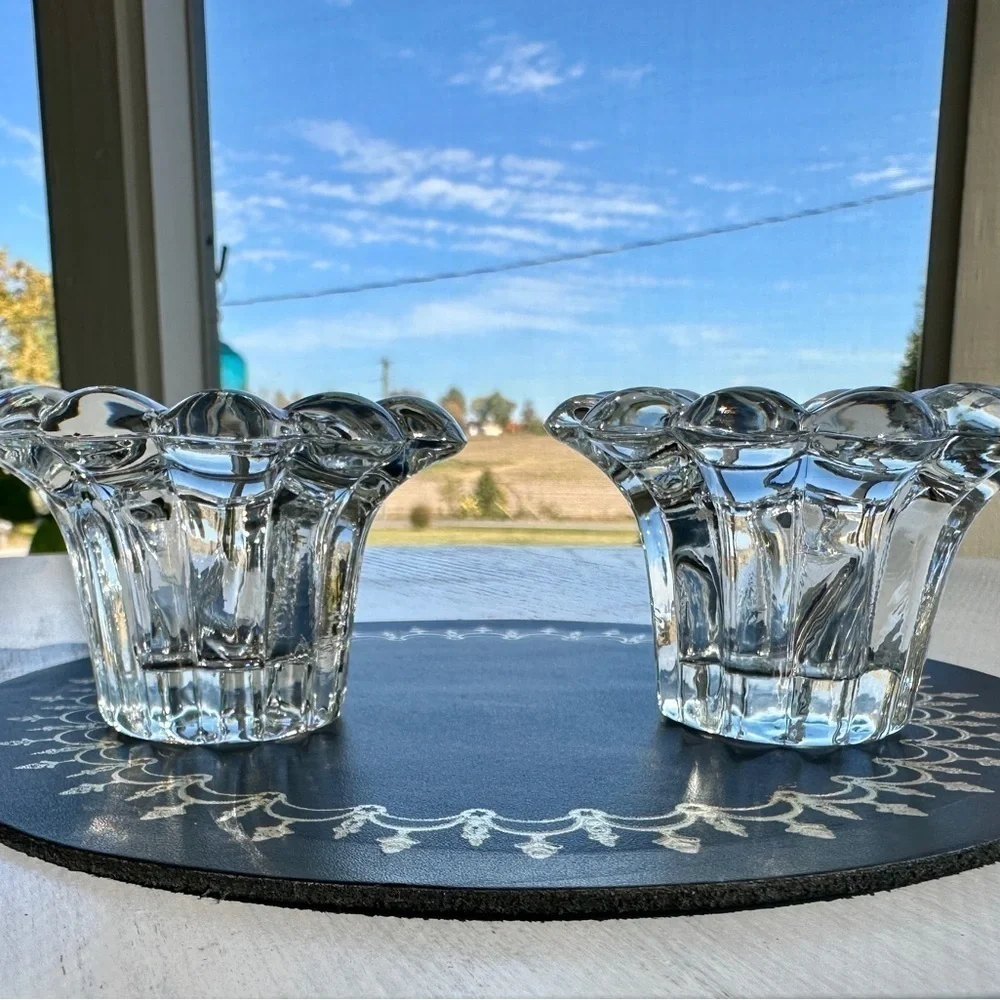 VINTAGE, KIG MALAYSIA, CRYSTAL CANDLE HOLDERS. 3 1/4” SCALLOPED RIM.